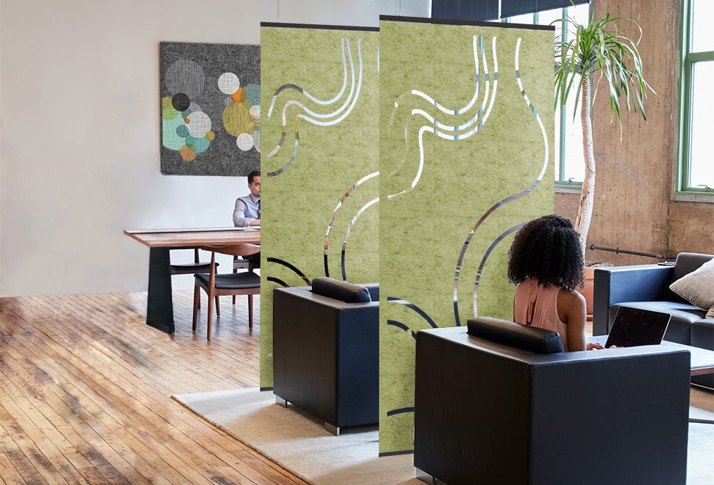 Office lounge with Acusti·fi Define hanging partitions with cut pattern